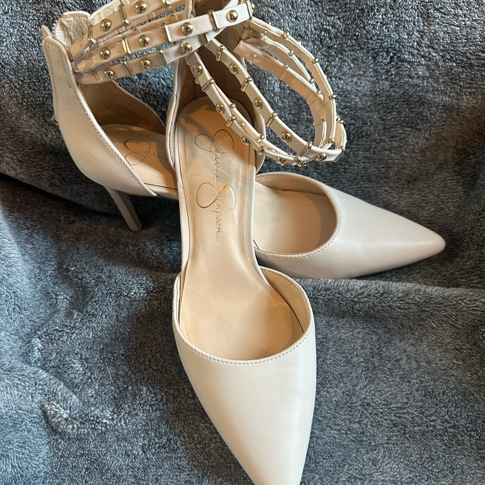 Jessica Simpson Cream Pointed-Toe Heels with Ankle Straps